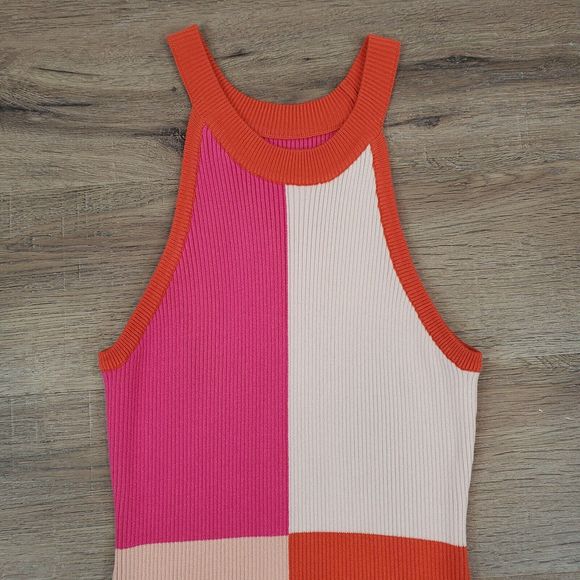 YIWEI Colorblock Ribbed Bodycon Mini Dress S Tank Sleeveless Stretch Crew Neck - Picture 4 of 11